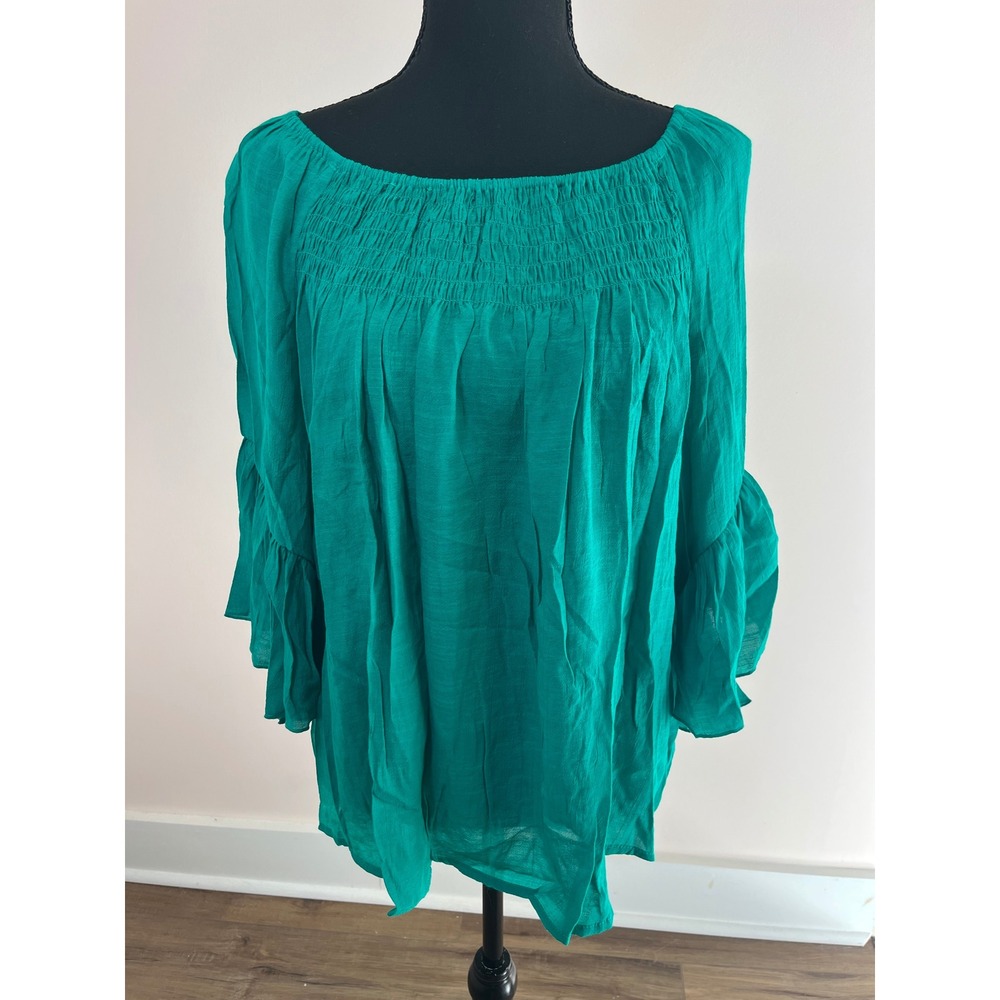 Chico's Casual Slub Fashion Top Congo Green Smocked Bell Sleeve 1 M